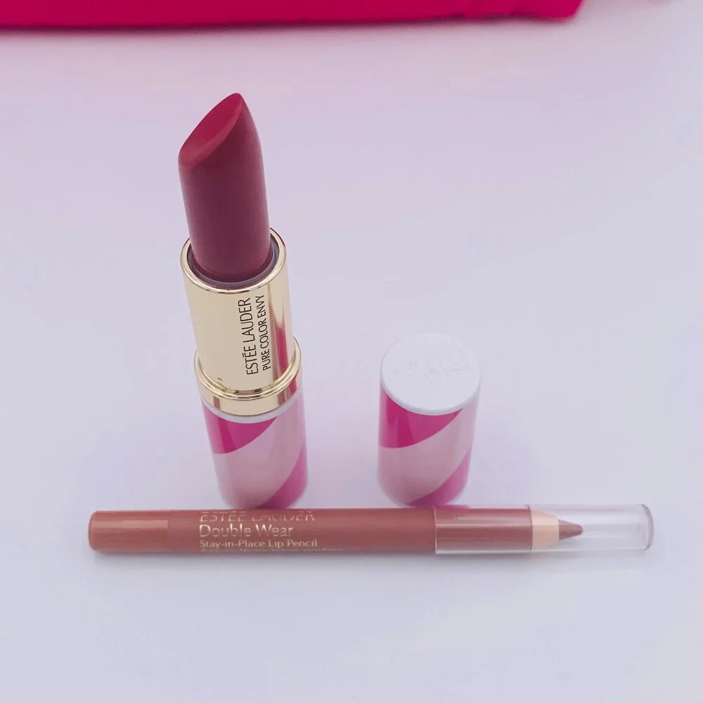 Estee Lauder Beauty Set-Air Pink Pouch,Lipstick,Mascara,Serum,Re-Nutriv-8pc-NEW